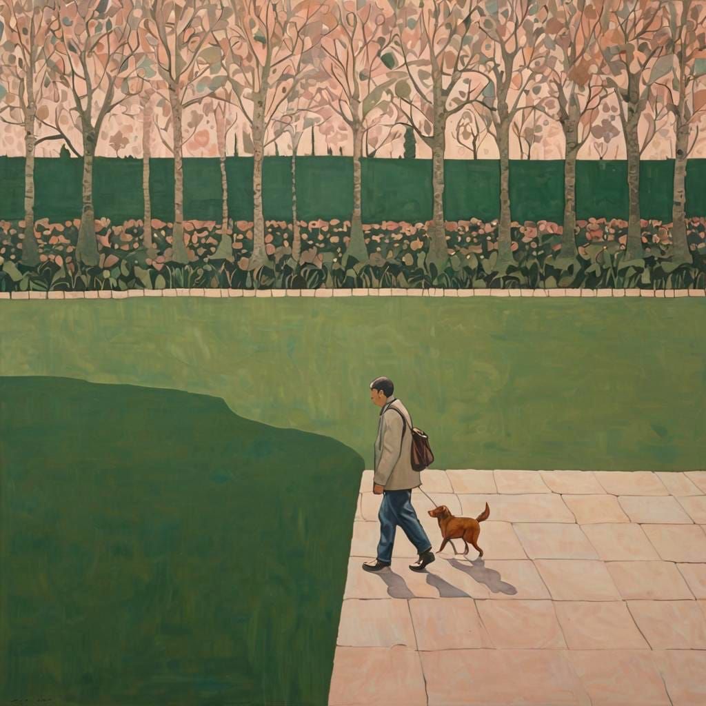 Dog Walk in Park: Lyrical Abstraction Oil Painting