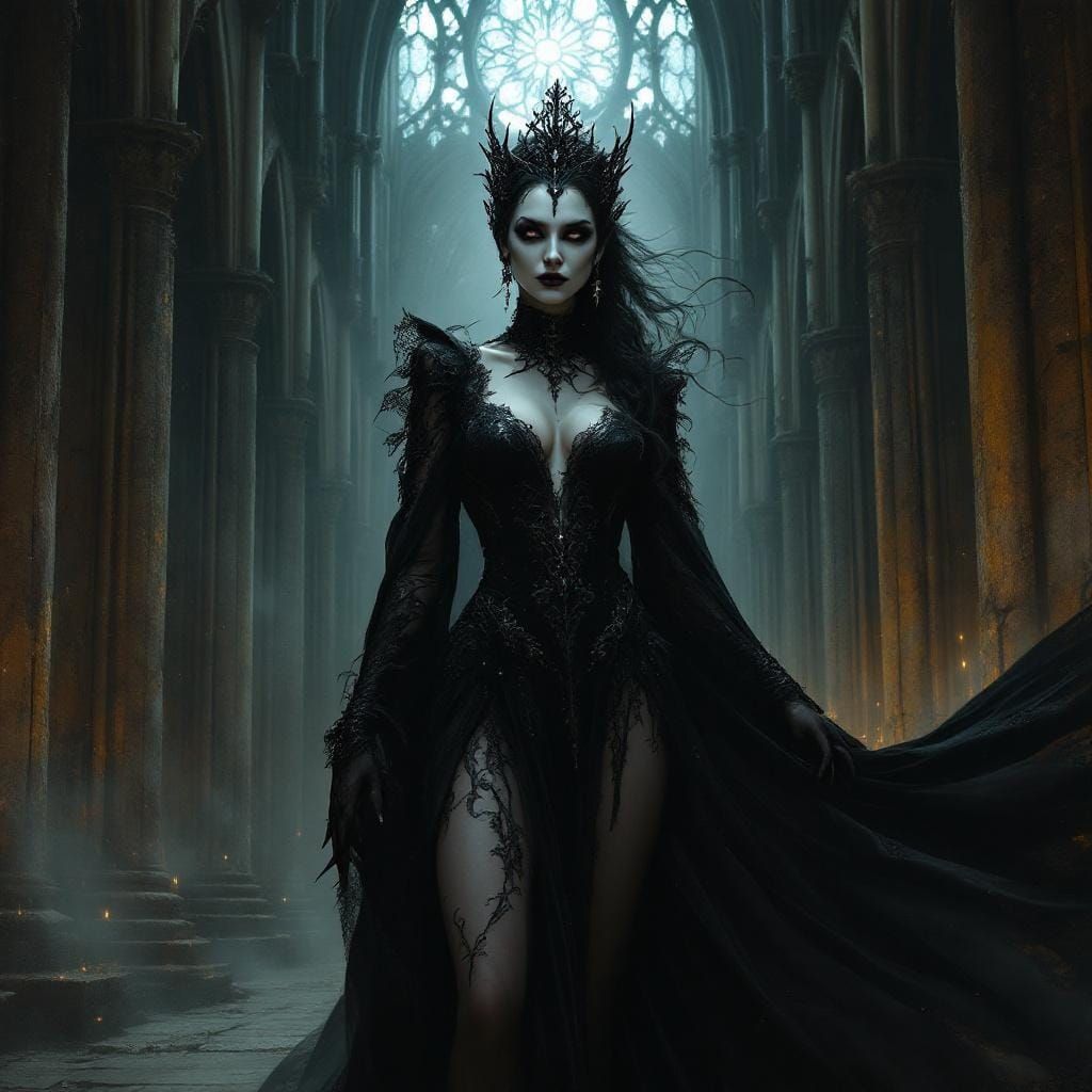 Gothic Vampire Queen in Decaying Cathedral