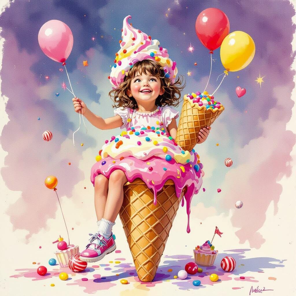 Joyful Girl on Giant Ice Cream, Watercolor Painting
