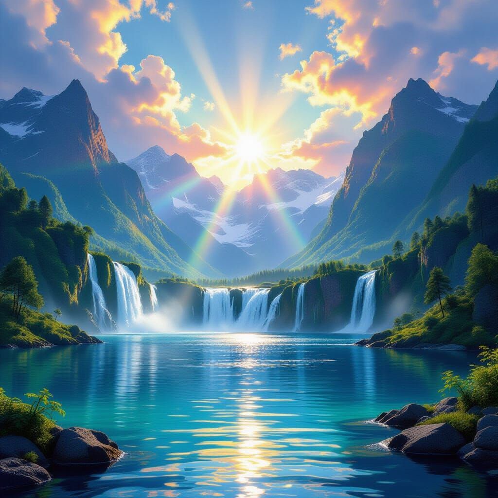 Vibrant Waterfall Landscape with Mountains and Colorful Sky