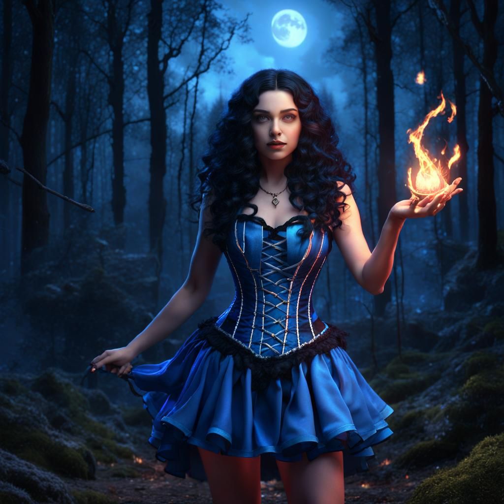 Sorceress Witch Casting Fire Magic in Forest