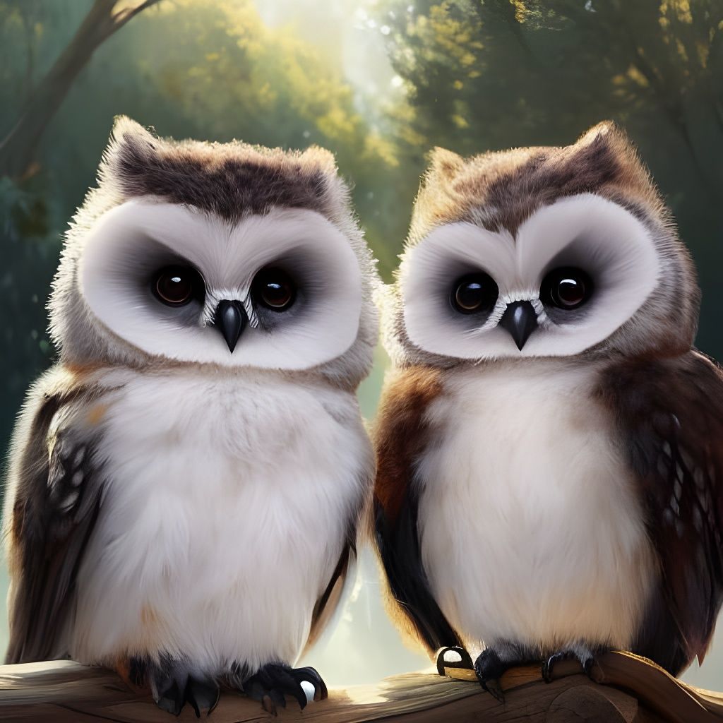 Fluffy Baby Owls Portrait in Digital Art Style