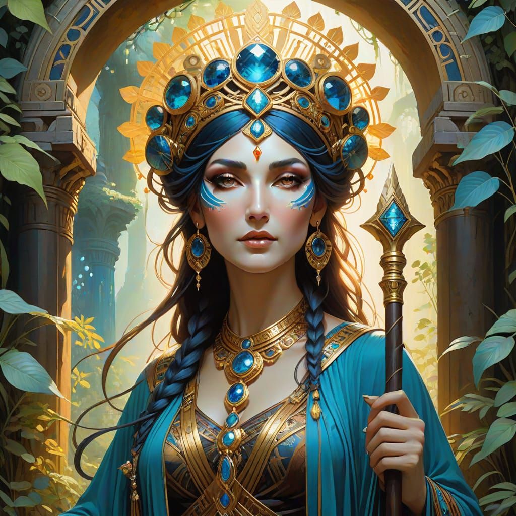 Mystical High Priestess in Ancient Temple Setting