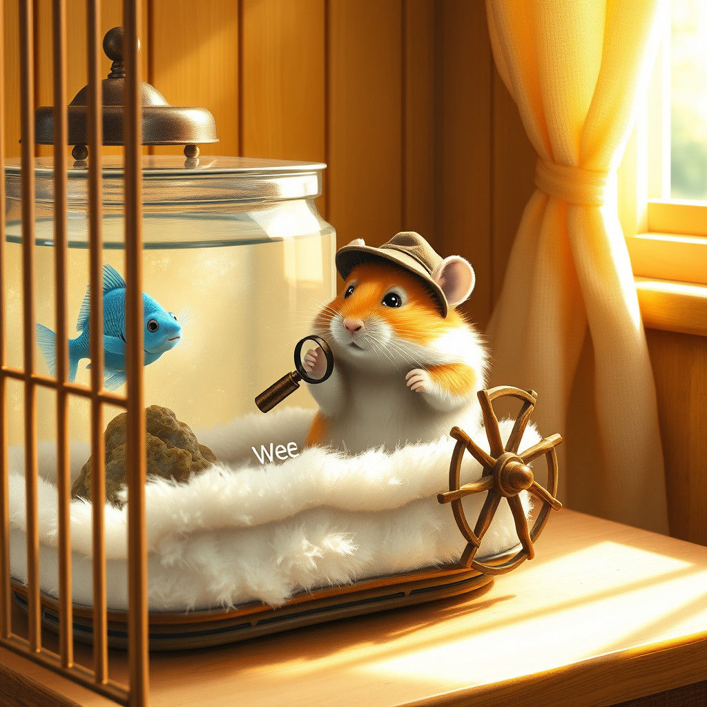 Hamster Detective in Cozy Cage, Storybook Illustration