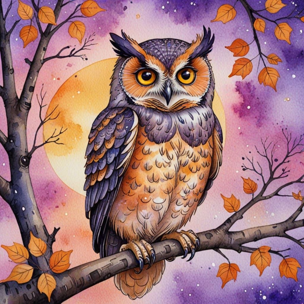 Whimsical Night Owl in Autumn Sunset