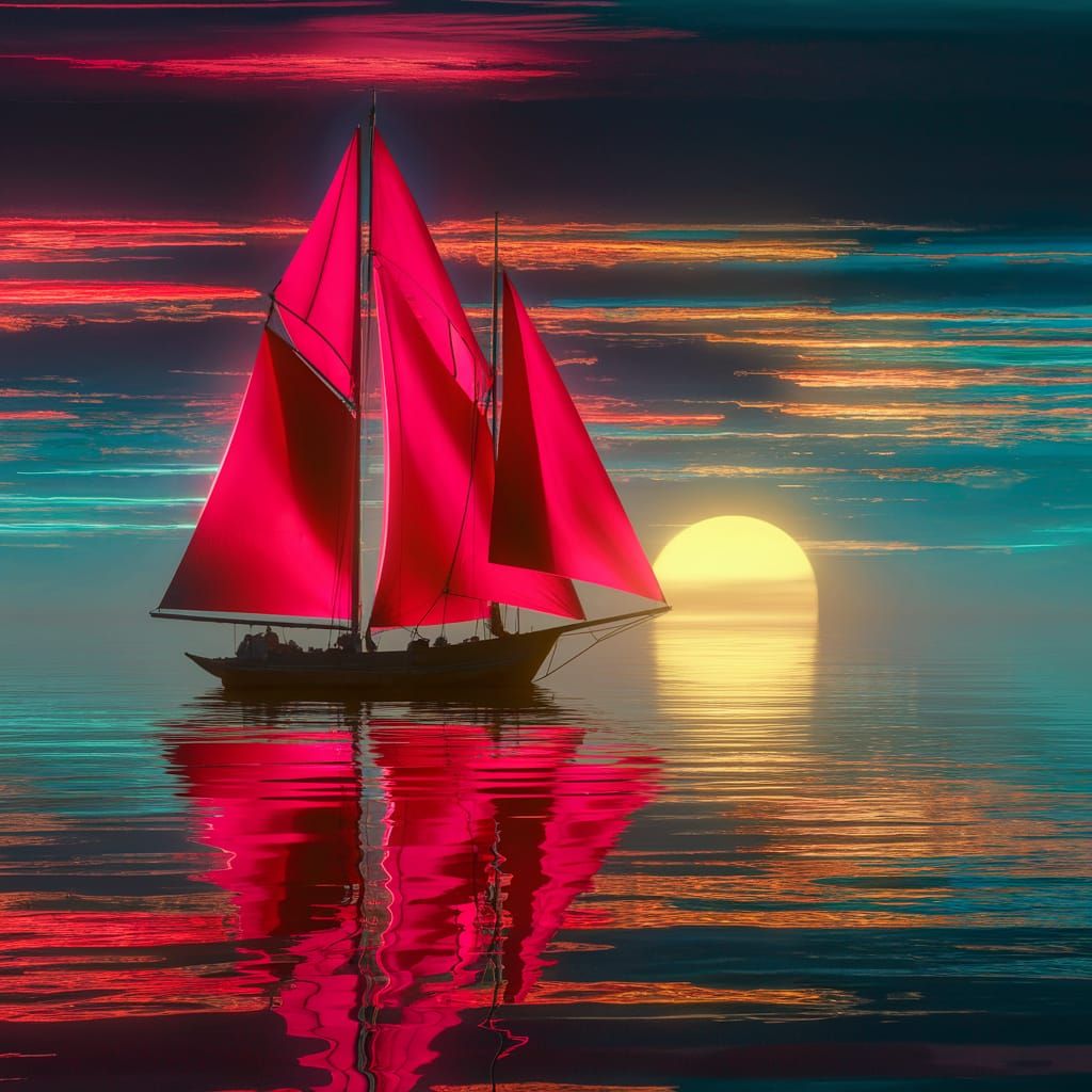 Vibrant Red Sails Glide on Calm Neon Sea