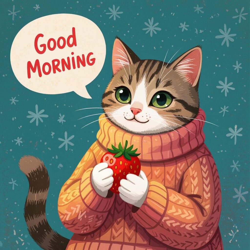 Cute Cat in Sweater with Strawberry, Digital Art