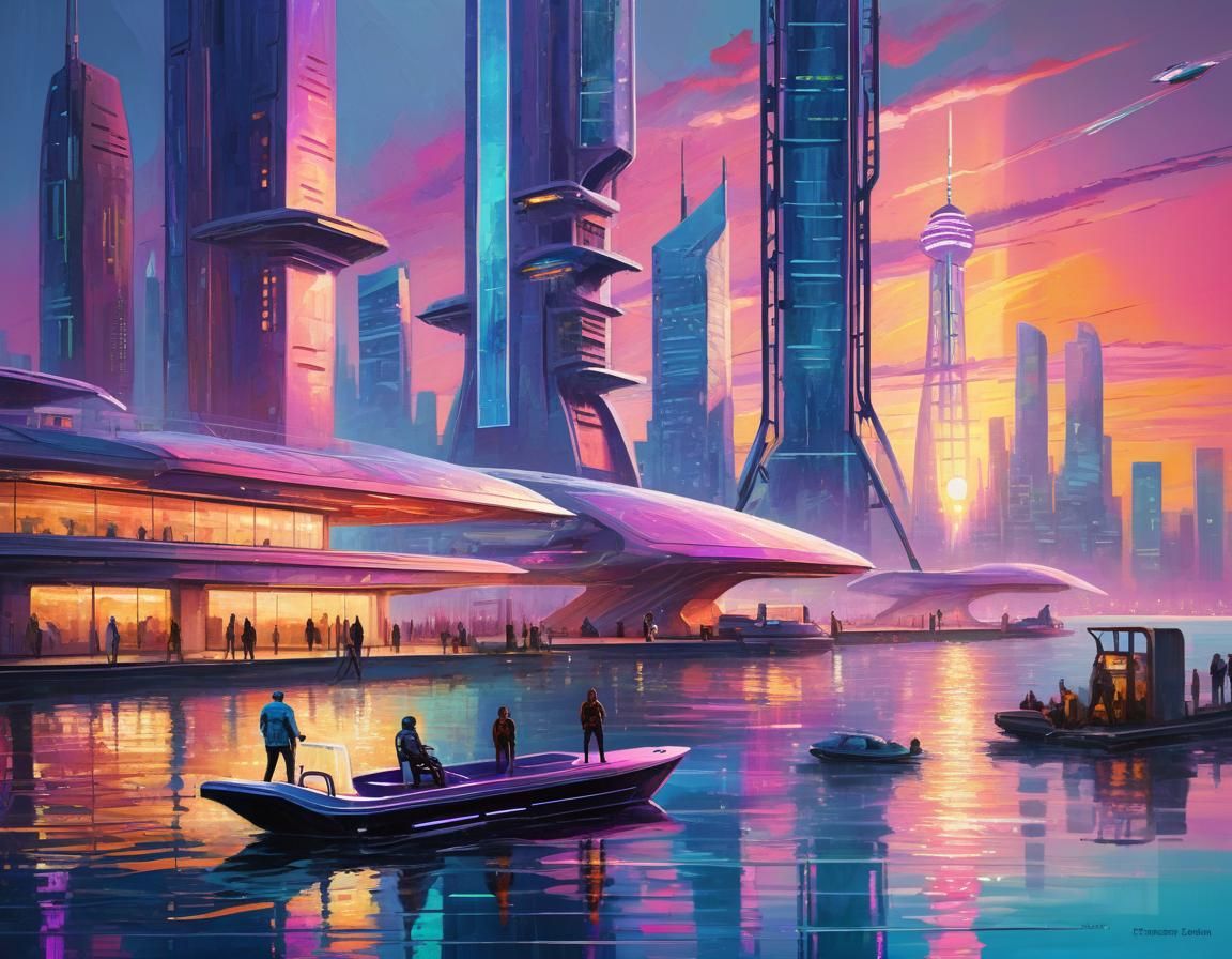 Futuristic City Waterfront in Impressionist Impasto Style