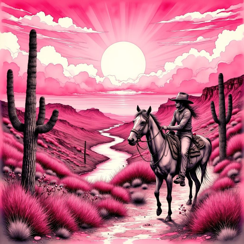 Pink Desert Cowboy: Linocut-Style Western Scene