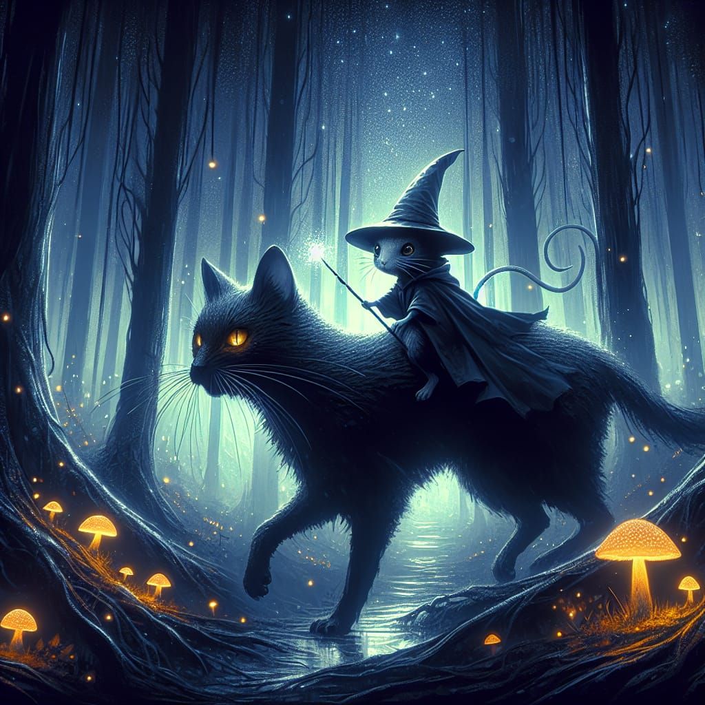 Dark Fantasy Scene in a Shadowed, Enchanted Forest