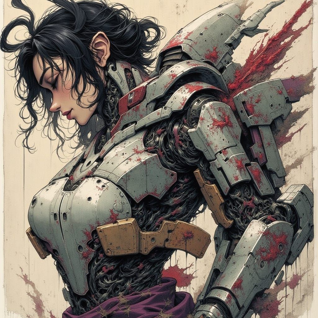 Exhausted Warrior Woman in Bio-Mecha, 80s Anime Style