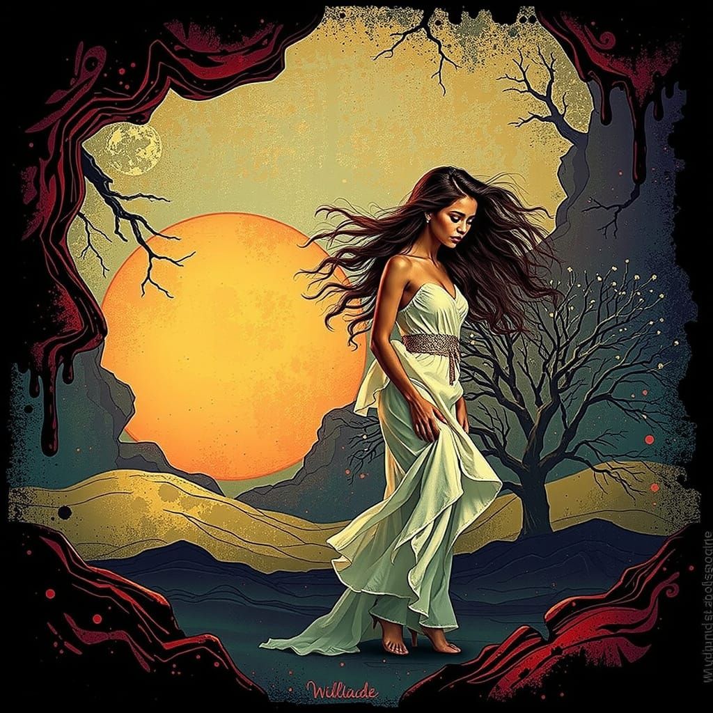 Vibrant Woman in Red Landscape, Digital Painting Style