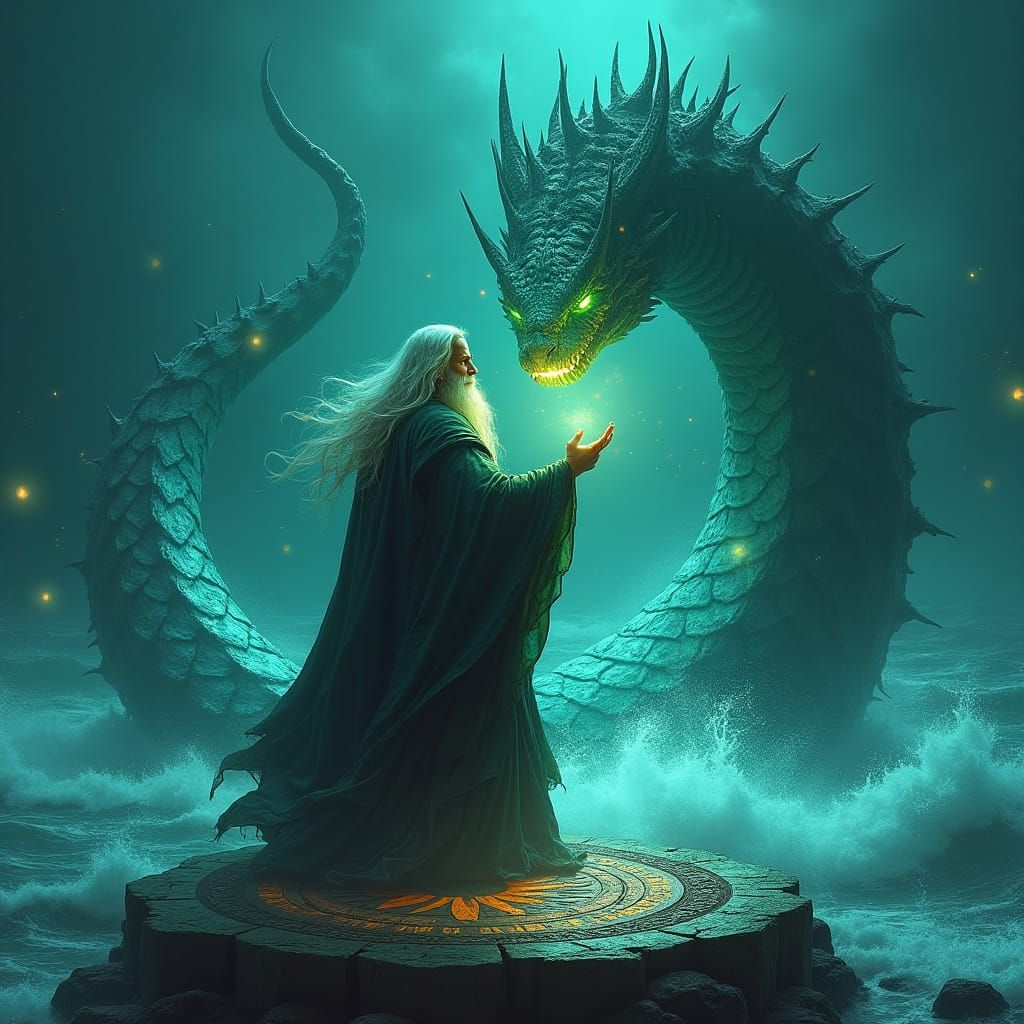 Wizard Summons Sea Serpent from Bioluminescent Ocean