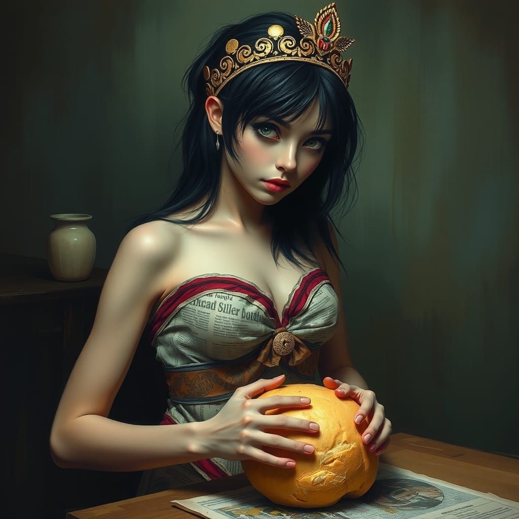 Surreal Woman Kneading Dough in Dreamlike Setting