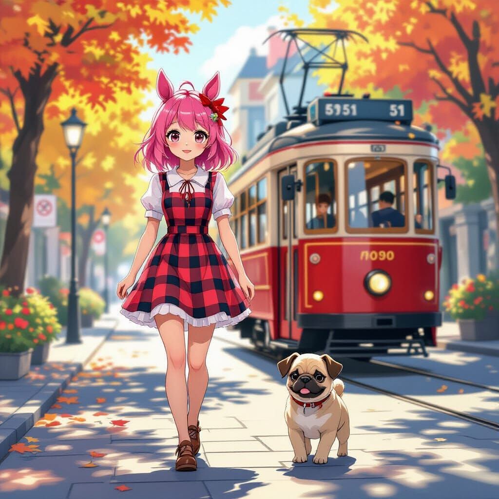 Anime Girl with Pink Hair and Horse Ears in Autumn City