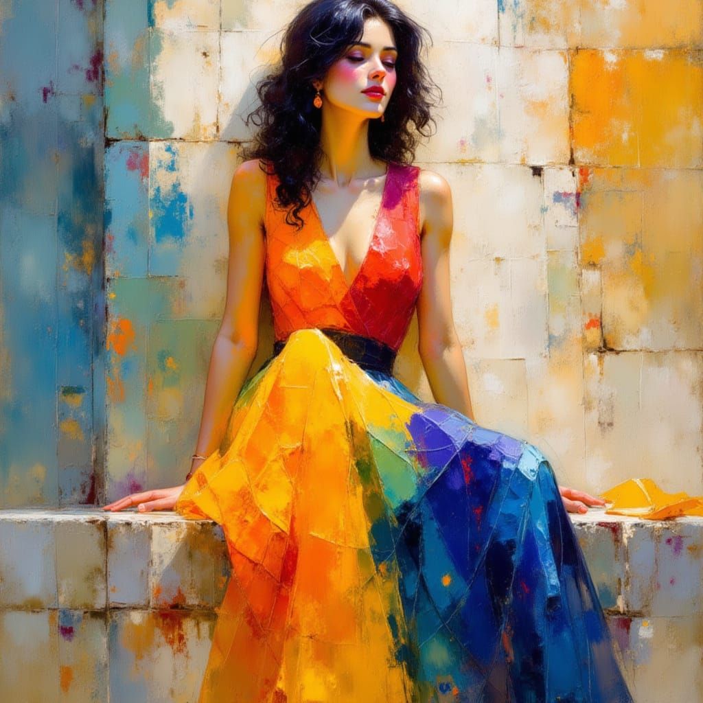 Brunette in Rainbow Dress as Expressionist Oil Painting