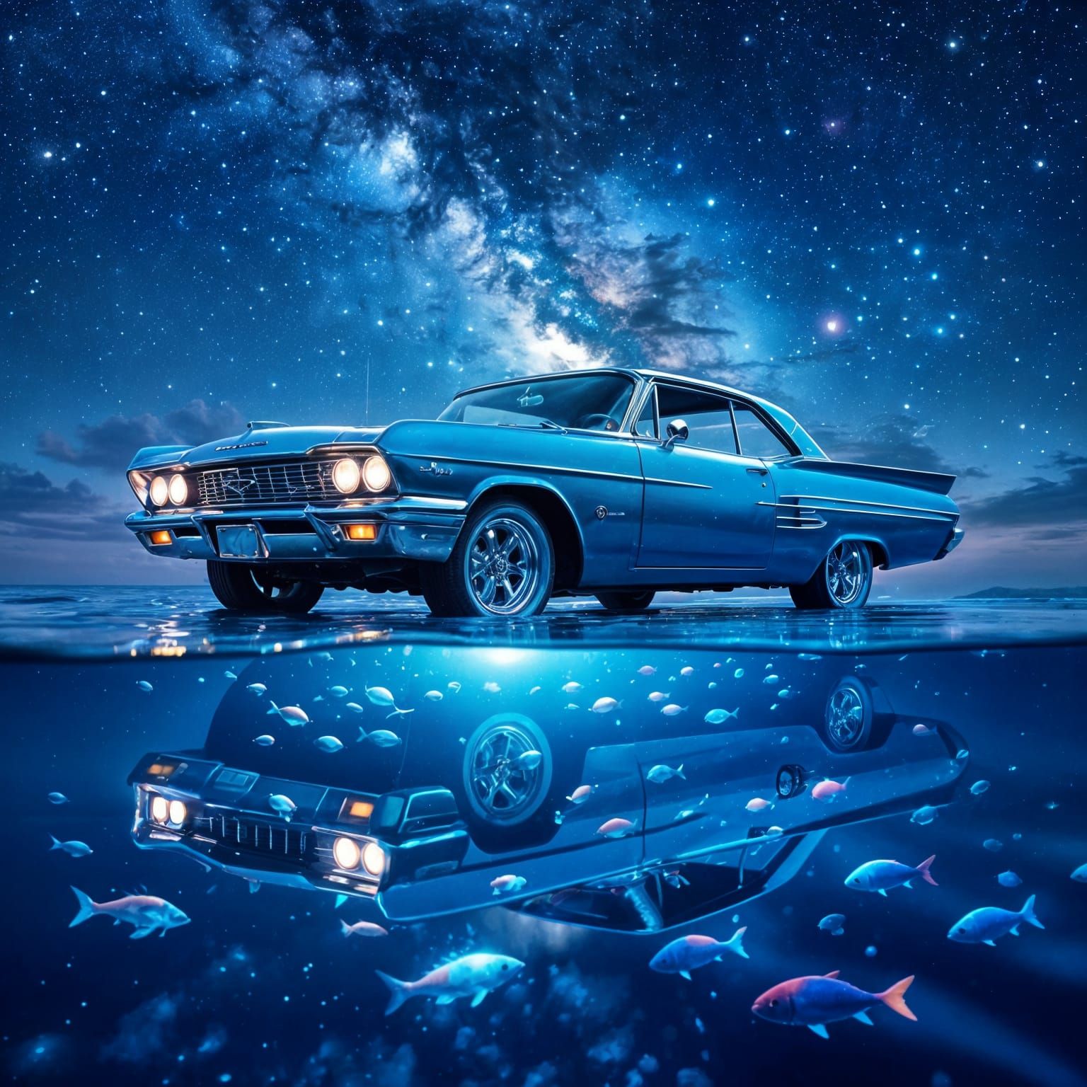 1960s Muscle Car Levitates Over Ocean Under Cosmic Sky
