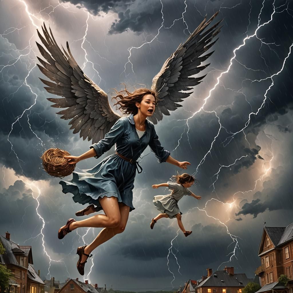 Winged Woman Rescuing Sister in Thunderstorm