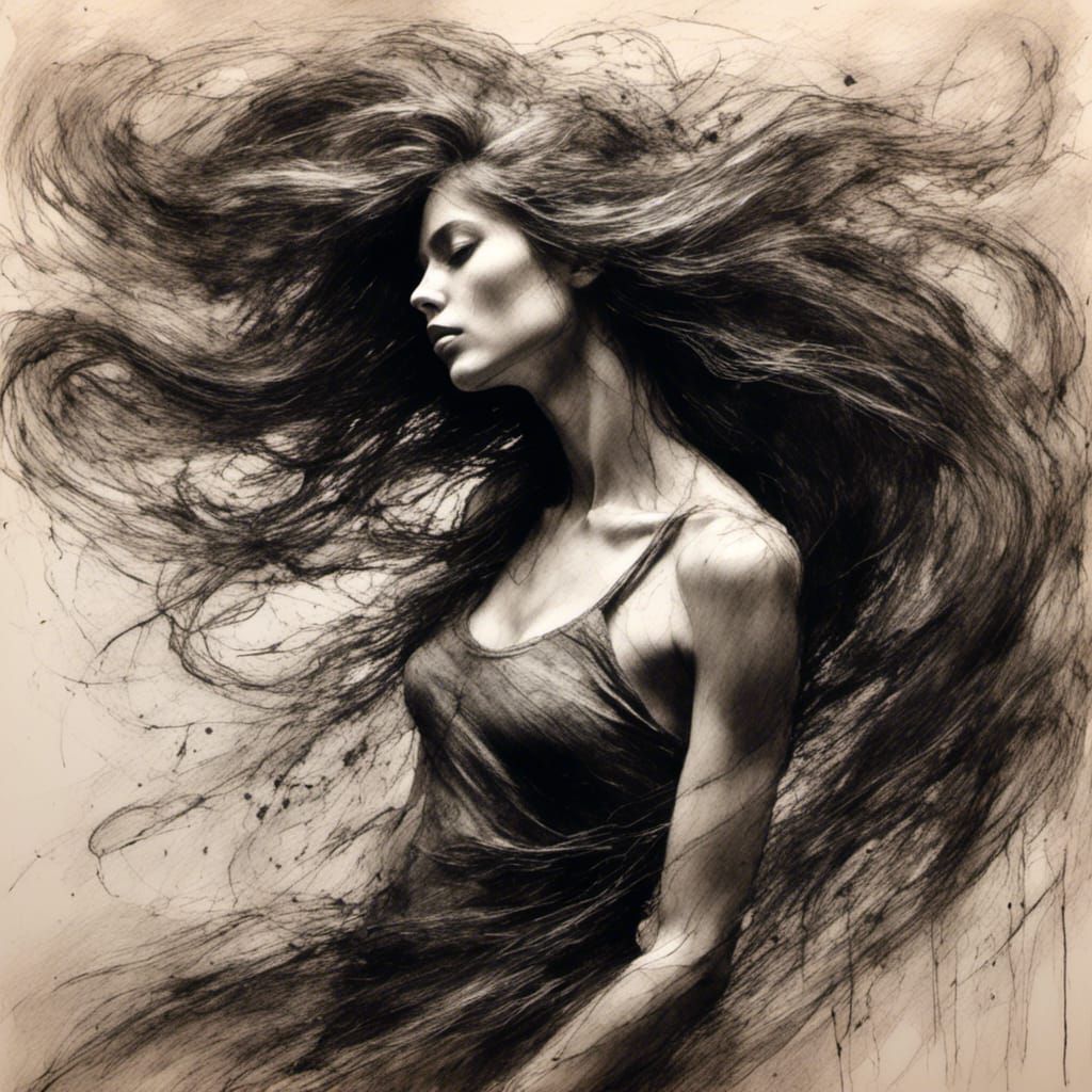 Expressionist Drawing of Woman with Flowing Hair