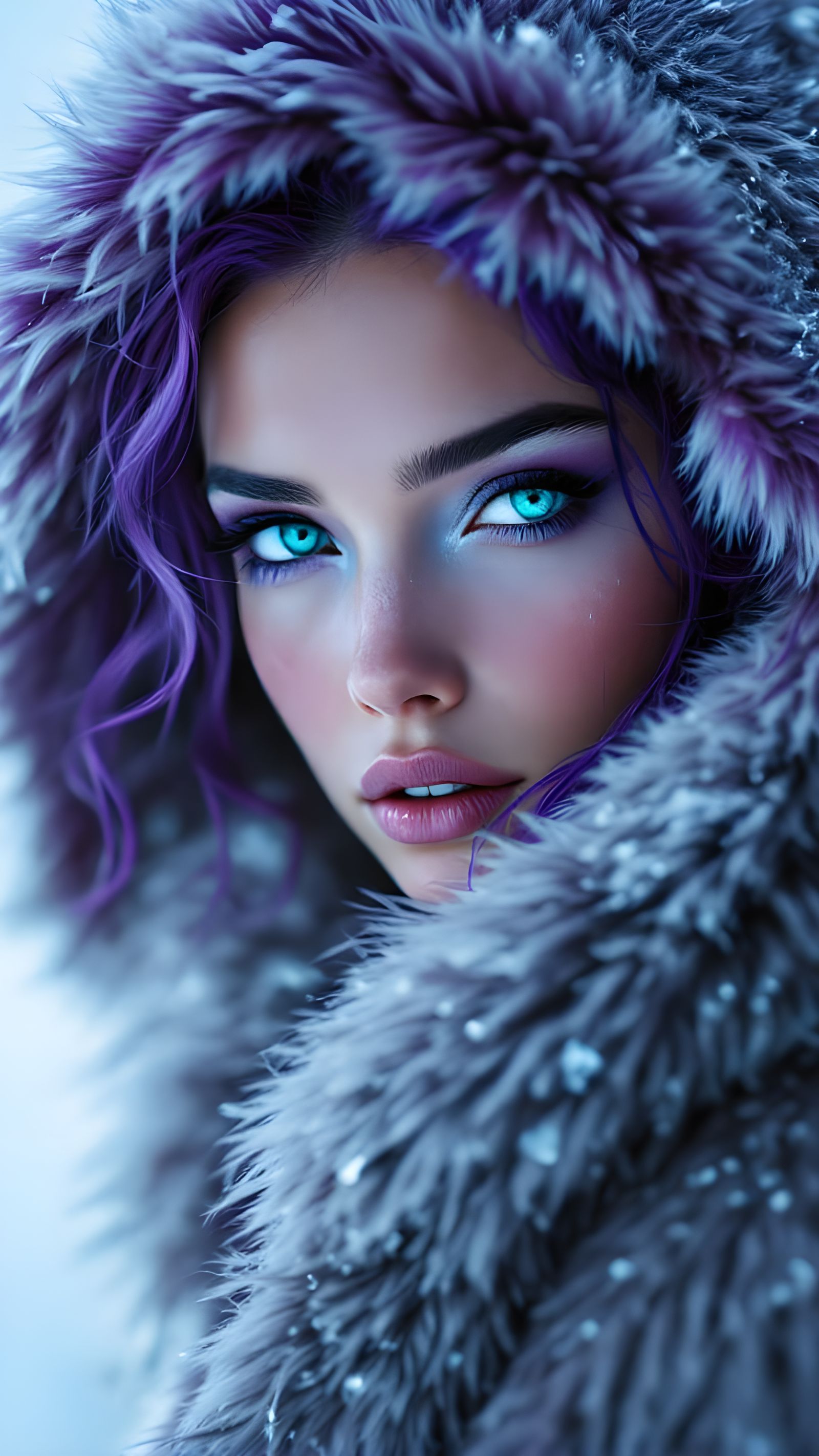 Mythical Arctic Huntress with Emerald Eyes and Royal Purple...