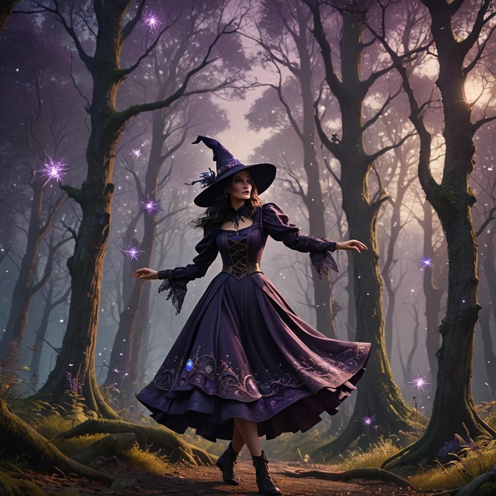 Beautiful Witch Dancing in Forest: Fantasy Concept Art