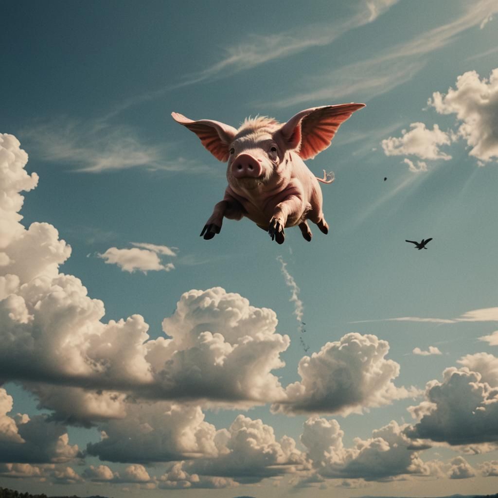 Cinematic Flying Pig in Atmospheric Lighting