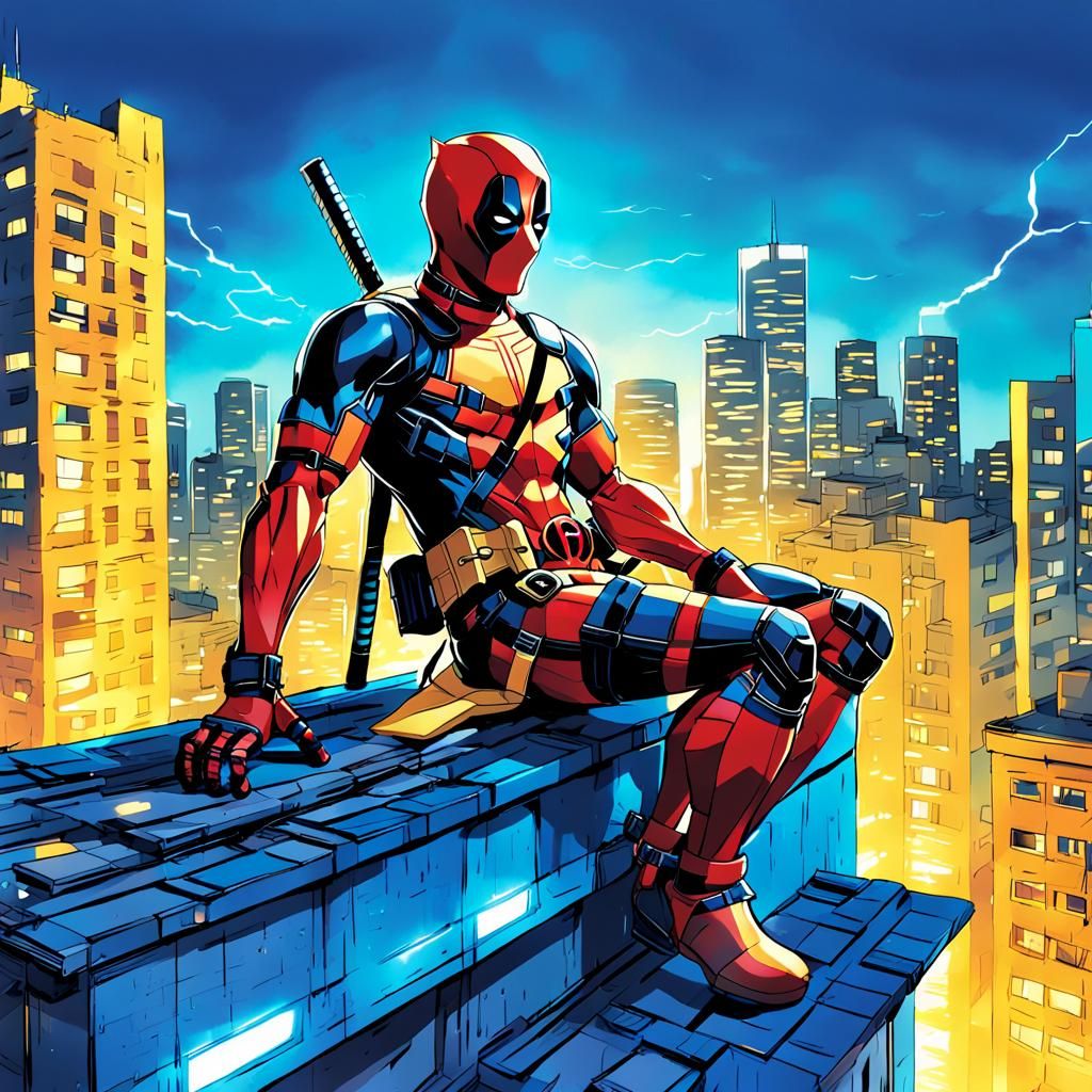 Deadpool Manga-Style Comic Art in Electric Blue and Yellow
