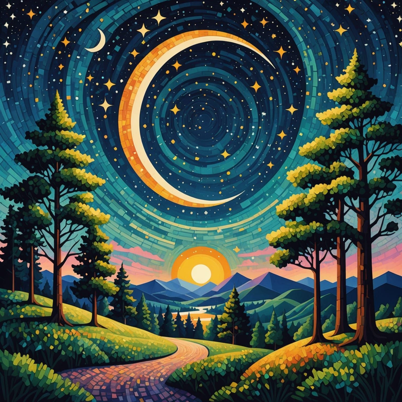 Pointillistic Starry Night Landscape in Cubist Style