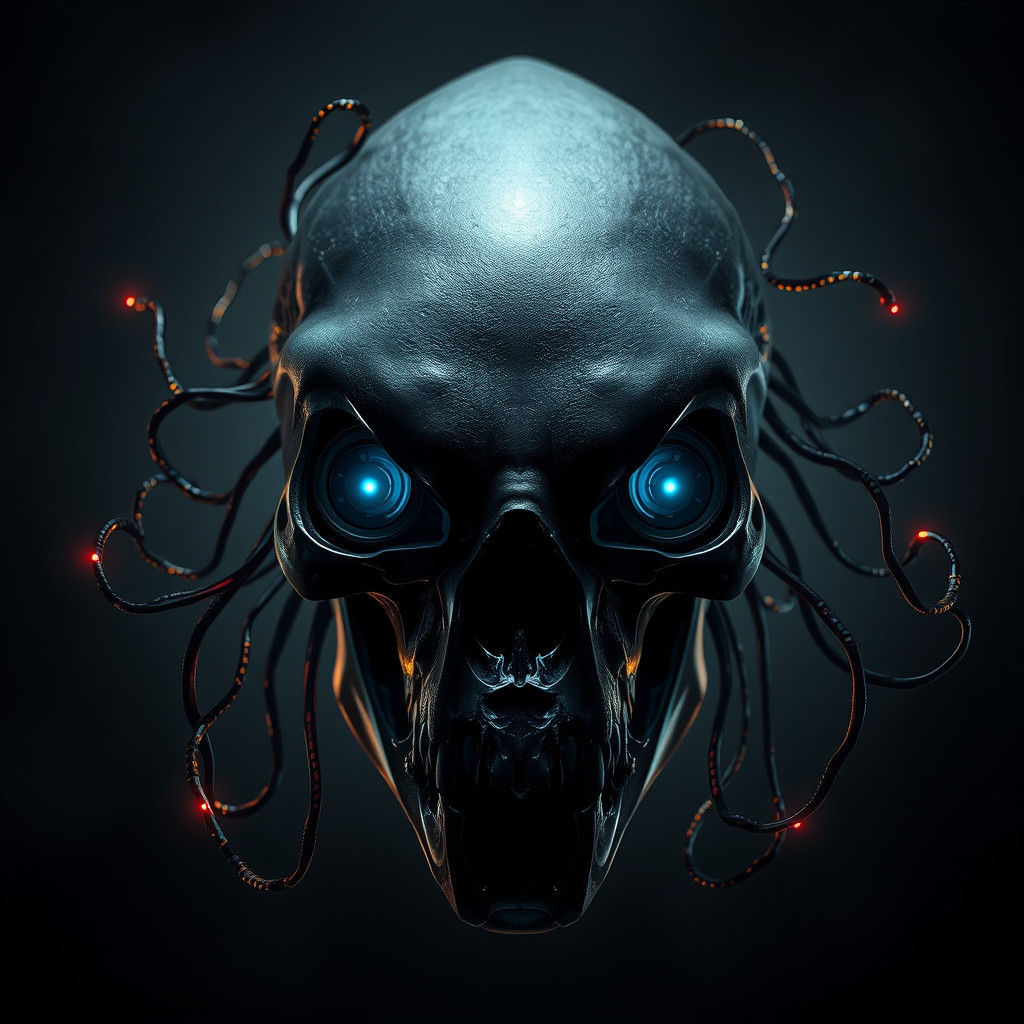 Vantablack Skull with Camera Eyes in Dark Fantasy Style