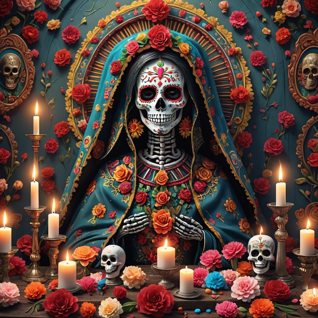 Sugar Skull Virgen de Guadalupe with Flowers, Matte Painting