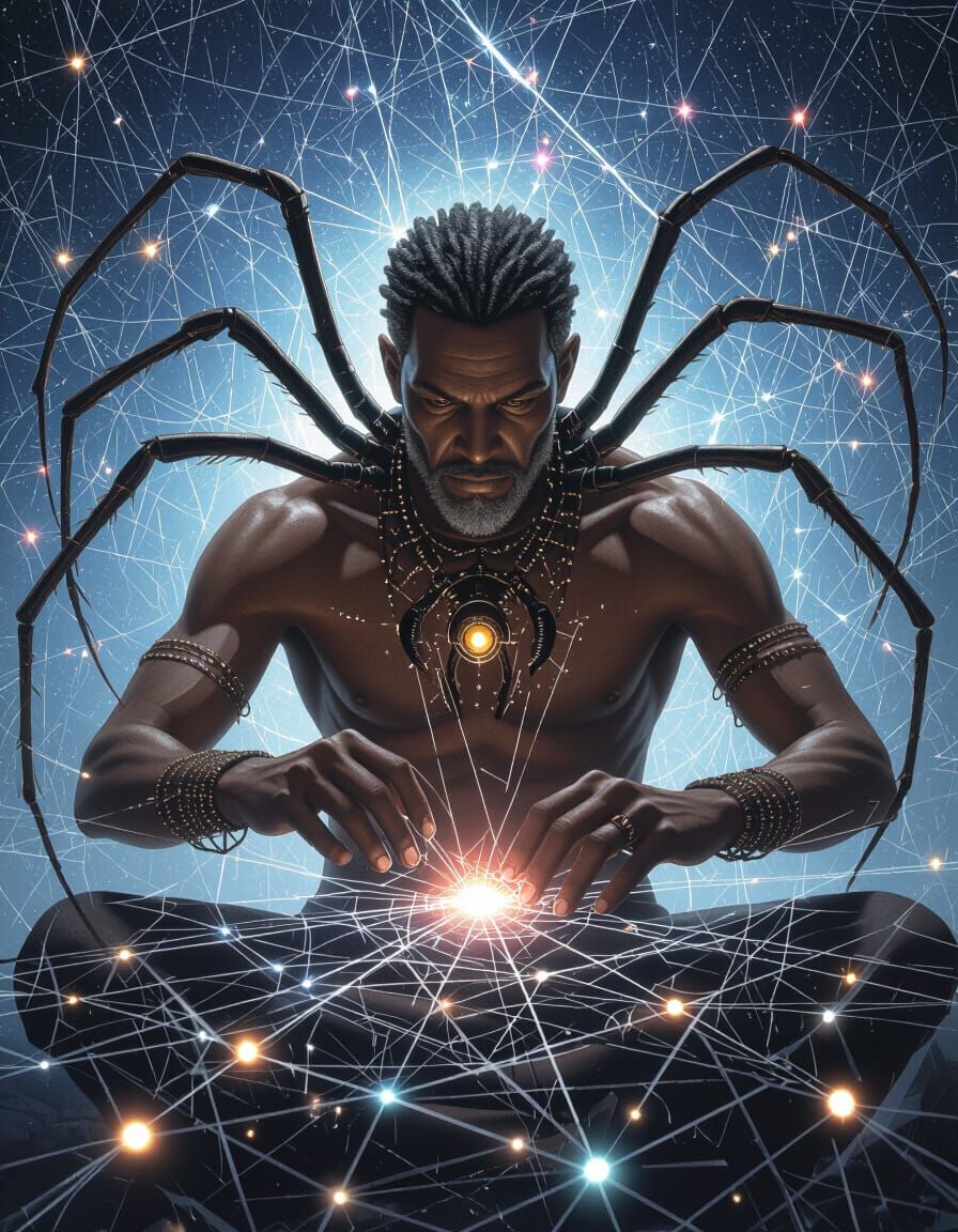 Anansi Spider Hybrid Weaving Light Web in Starry Void