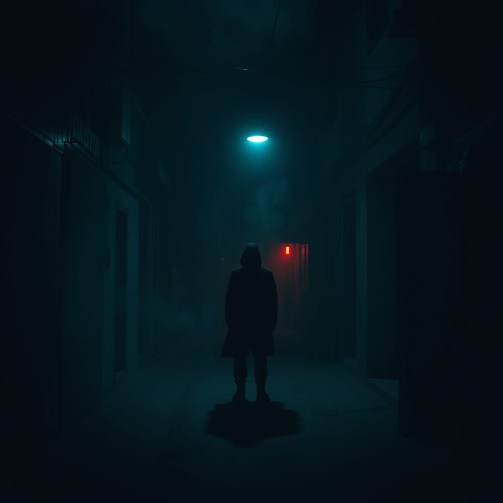 Lone Figure in Dystopian Alleyway