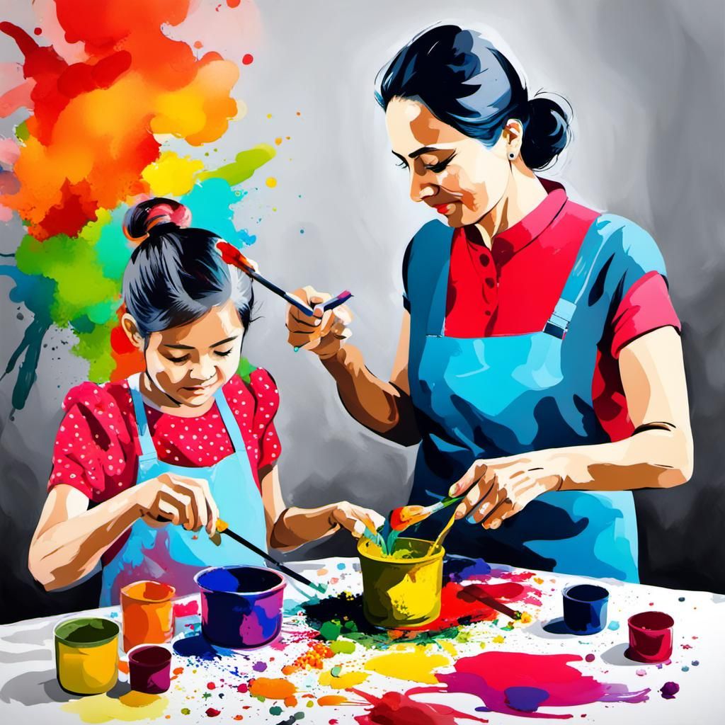 Girl and Mother Mixing Colors Together