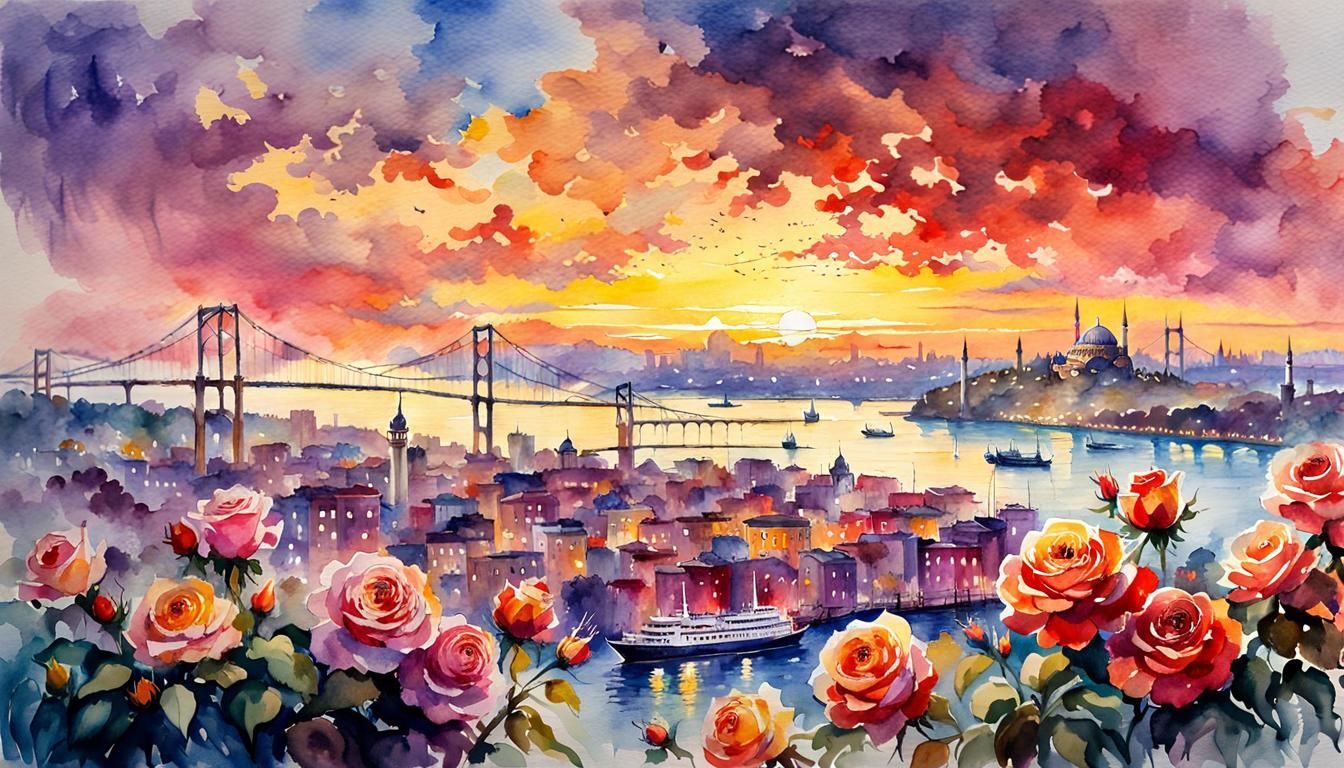 Watercolor Istanbul Sunset with Crimson Sky and Roses