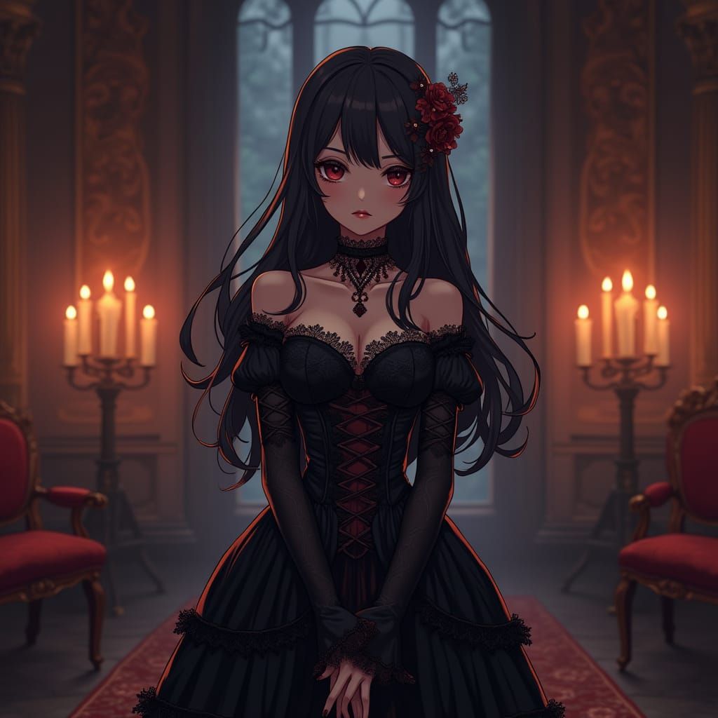 Elegant Anime Girl in Gothic Victorian Setting