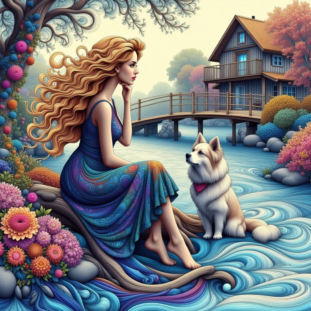 Woman by River in Abstract Vector Fractal Style