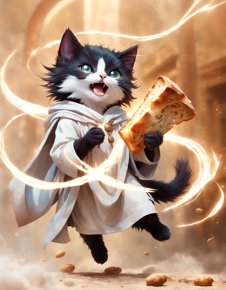 Kitten Wizard with Bread Loaf Ready for Battle