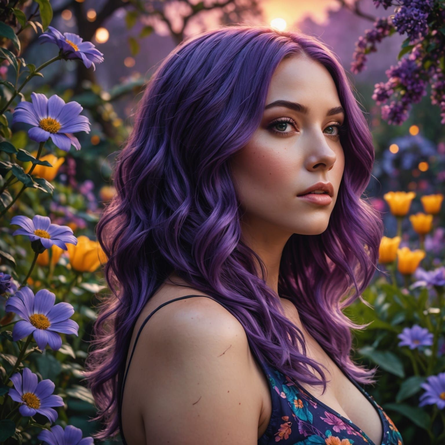Beautiful Woman with Purple Hair in Twilight Garden