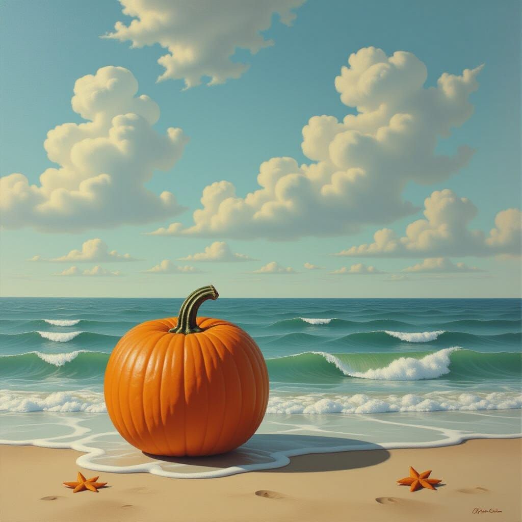 Surreal Pumpkin Adrift in Ocean Funnel, Remedios Varo Style