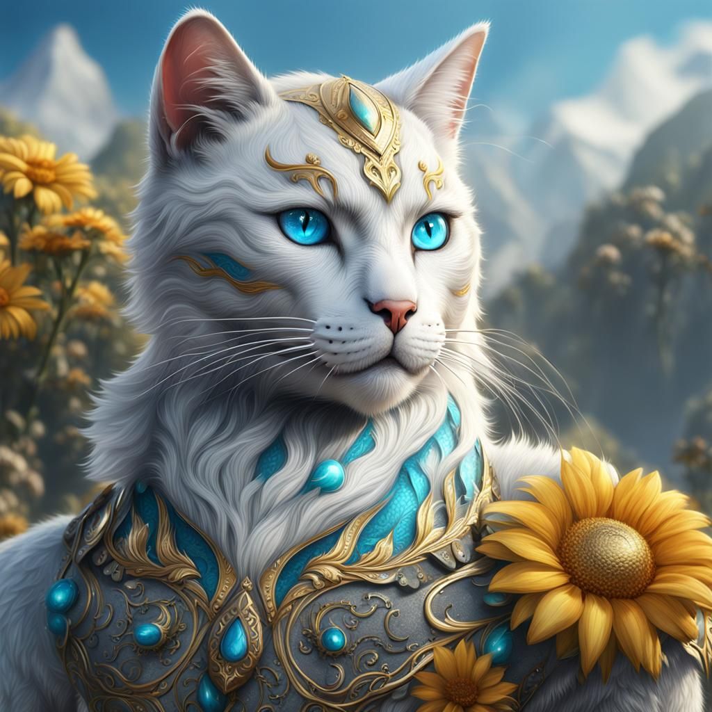 Blue-Eyed Cat-Human Hybrid with Golden Tattoos