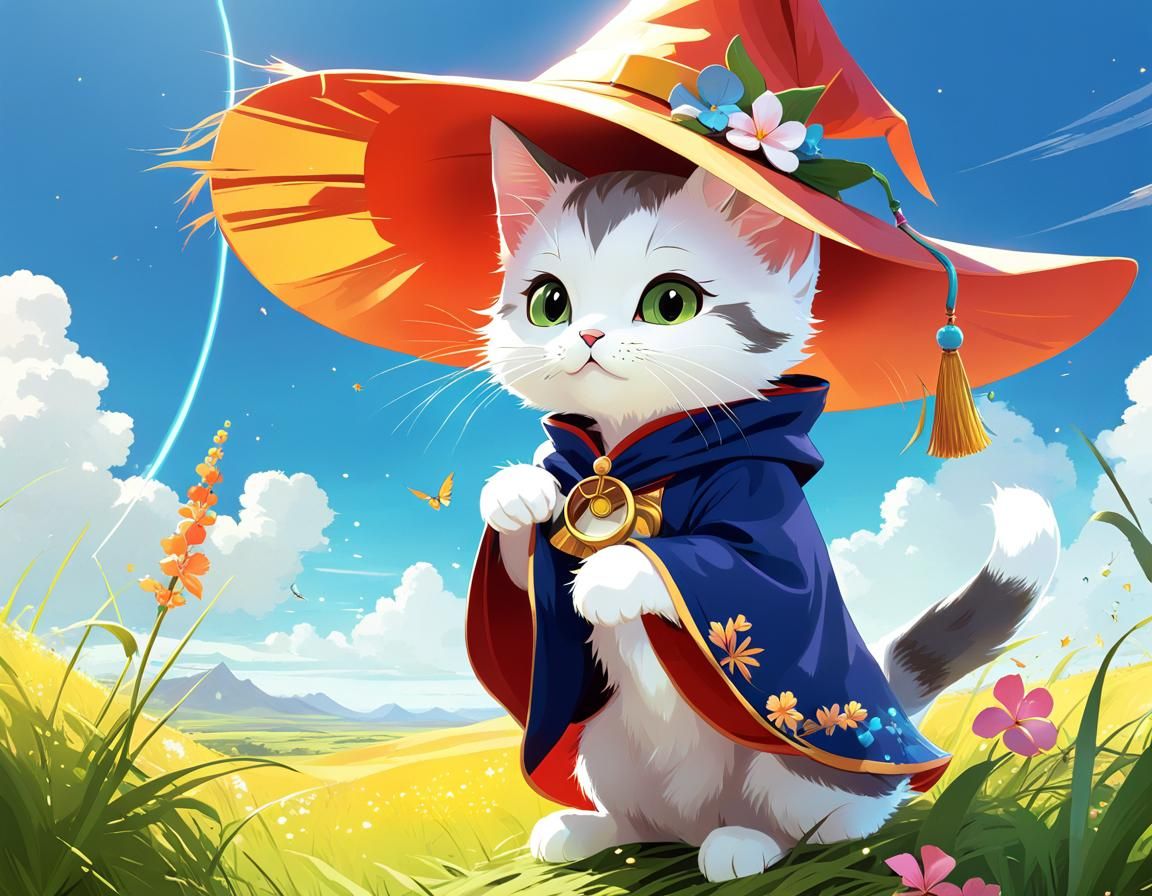 Wizard Kitten in Hawaiian Prairie: Anime Illustration