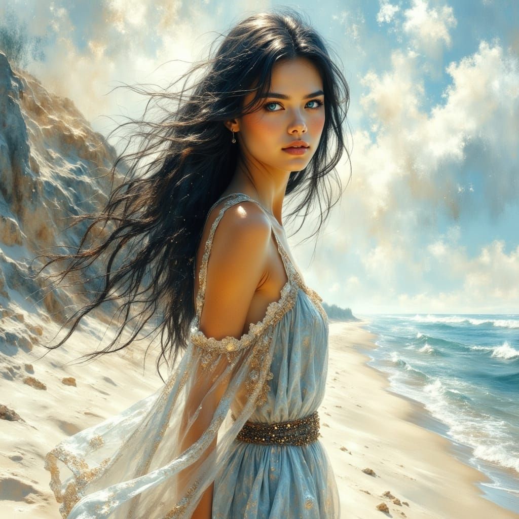 Norse Goddess on Beach in Ethereal Glow