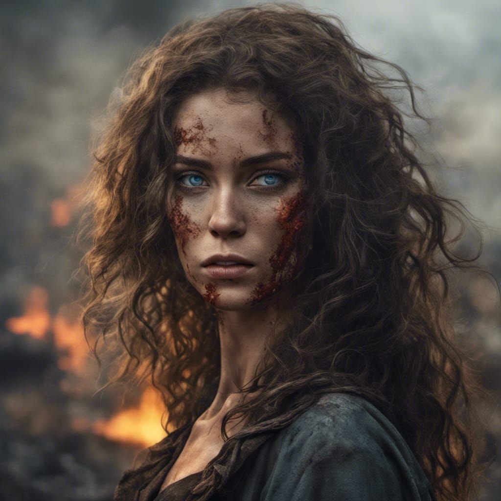 Apocalyptic Cyborg Woman in Burning Landscape