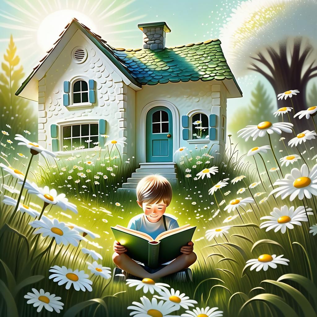 Boy Reading Under Daisy Light: Whimsical Cartoon