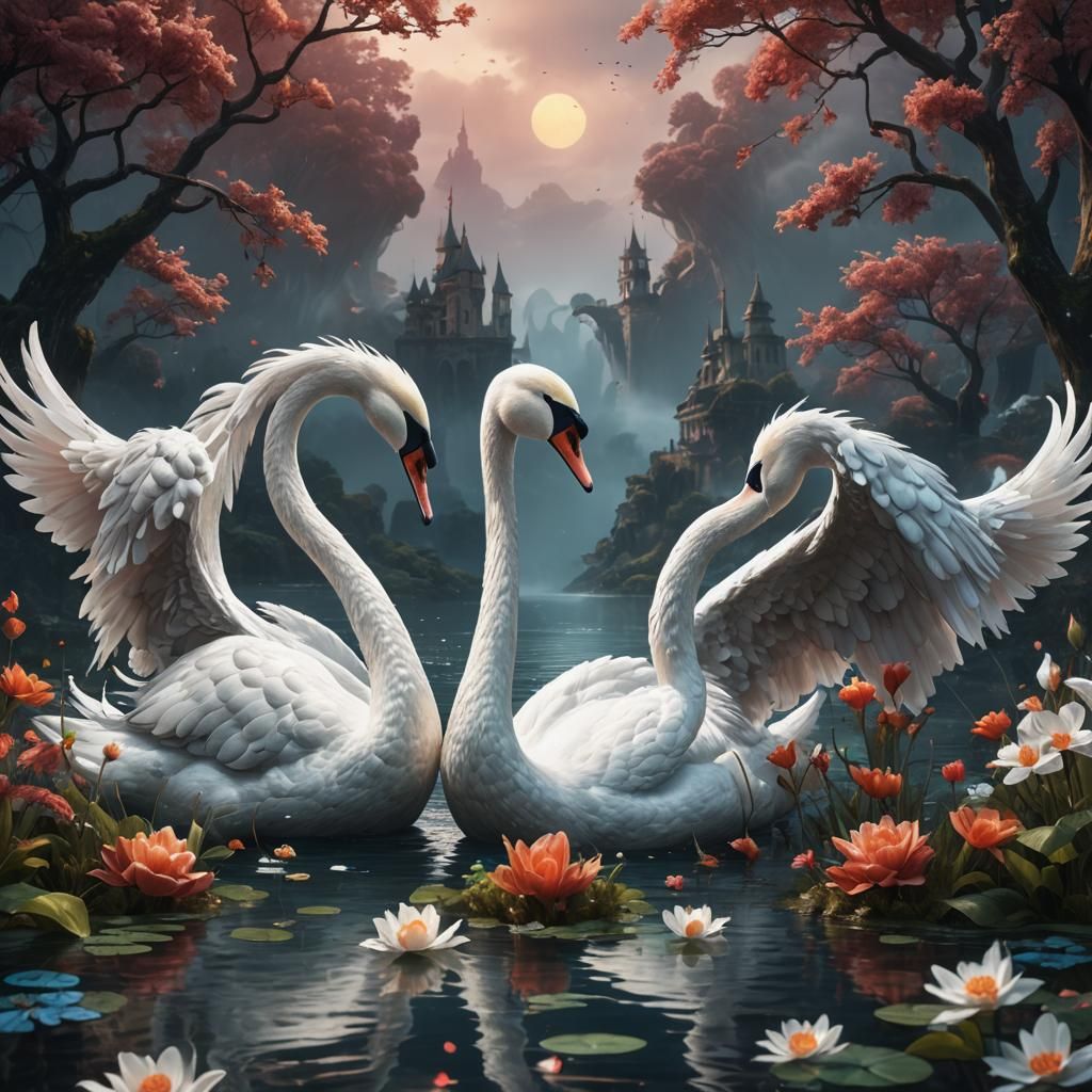 Two Swans Kissing in Detailed Fantasy Art