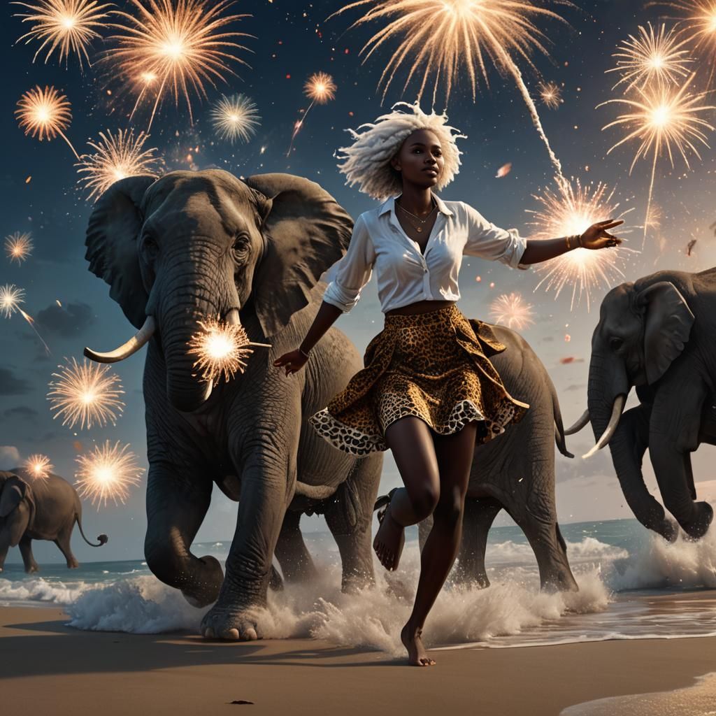 Fireworks on an African beach. Pretty white dreaded hair Afr...
