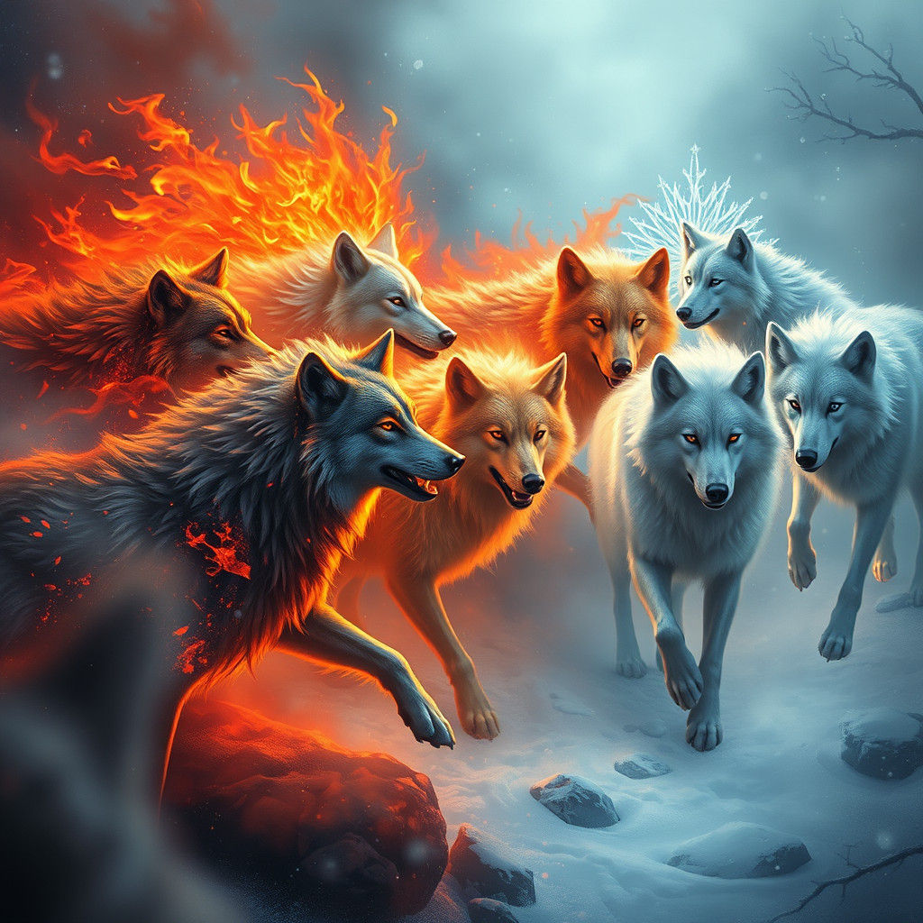 Fire and Ice Wolves Clash in Dreamlike Landscape