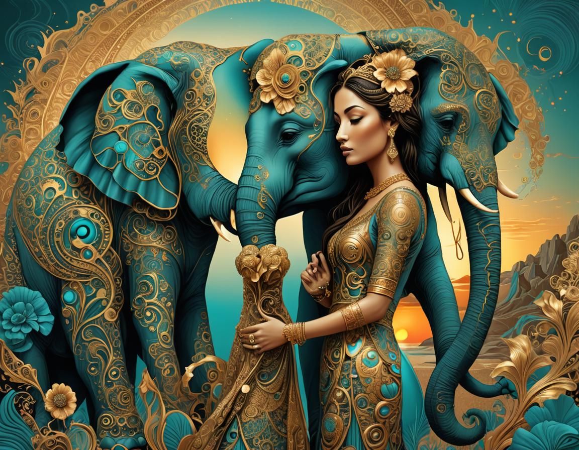 Woman and Elephant in Gold and Turquoise Art
