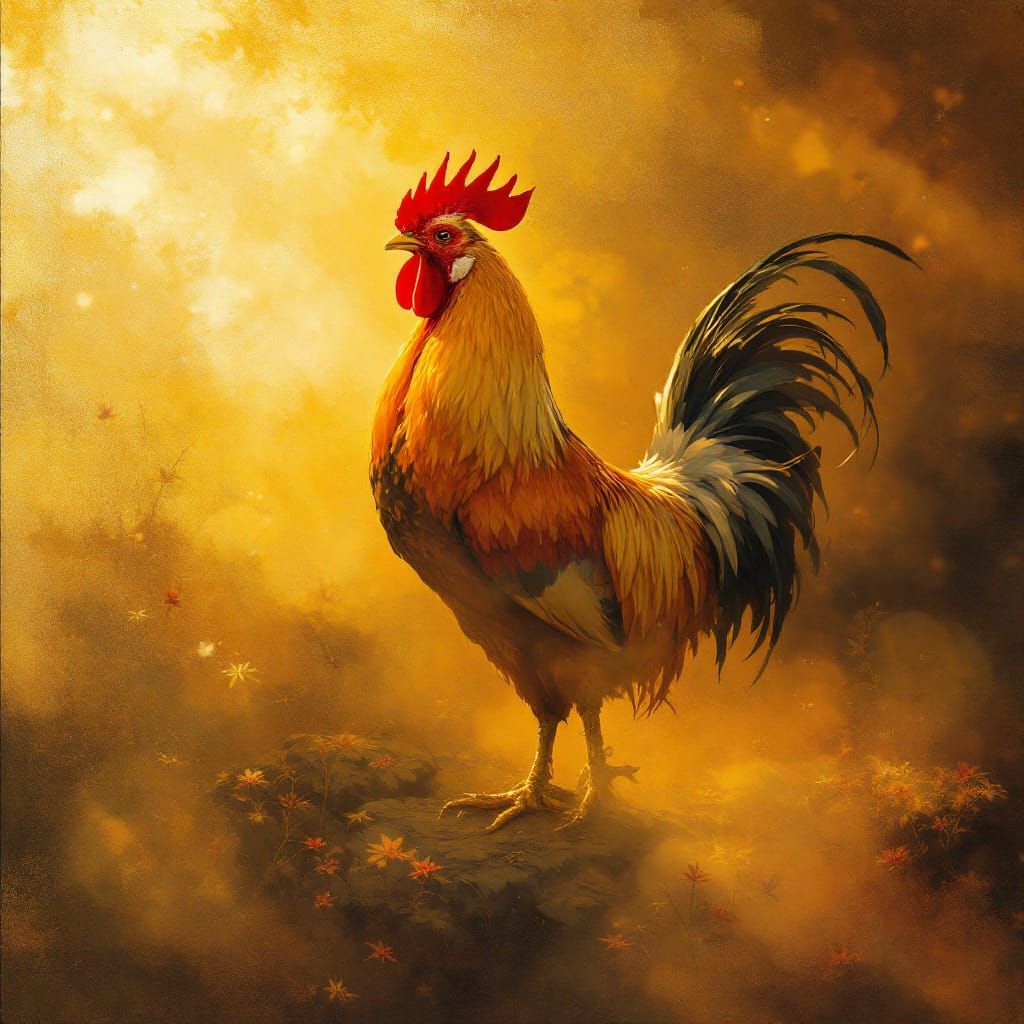 Rooster in Golden Hour Haze as Romantic Realism Painting