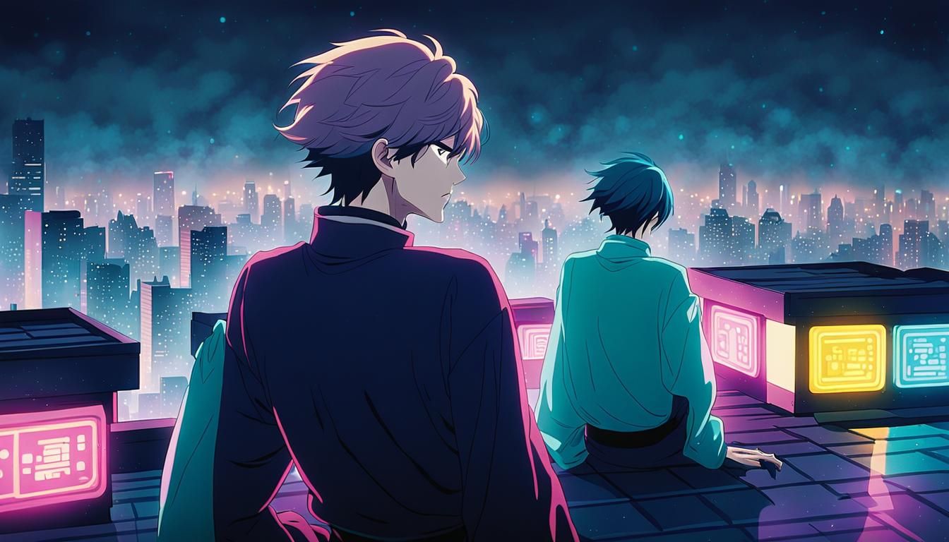 Anime Boy Gazing at City Lights in Lofi Style